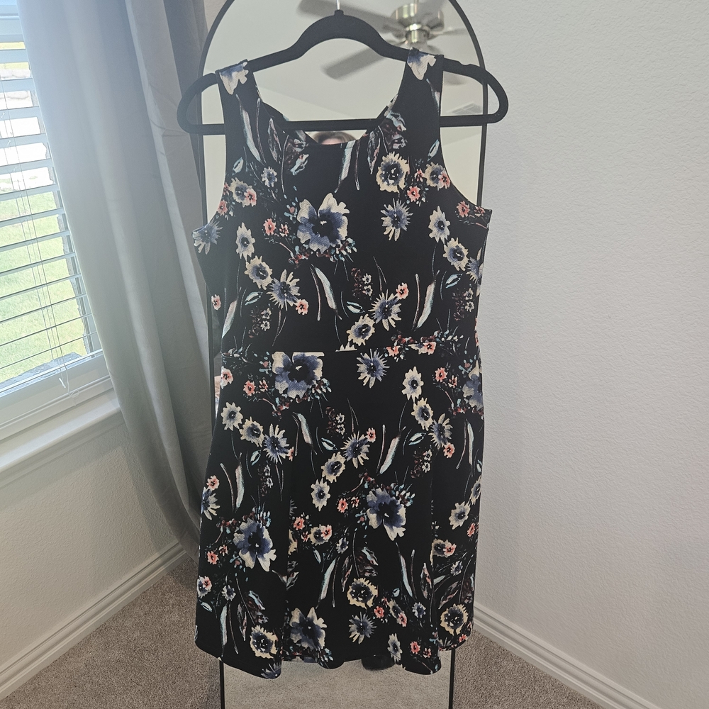 Kaileigh Black Dress with Blue and White Floral Pattern